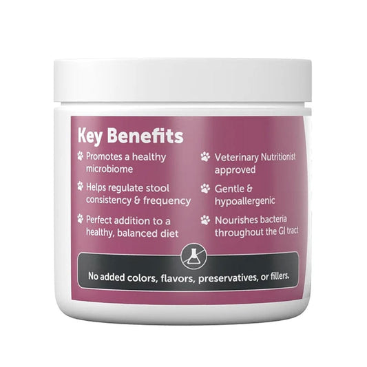 Jar with a purple label listing key benefits on a white background