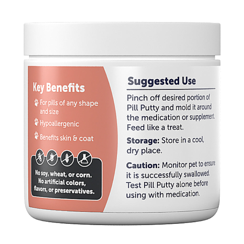 Jar of Pill Putty with key benefits and suggested use instructions on a white background