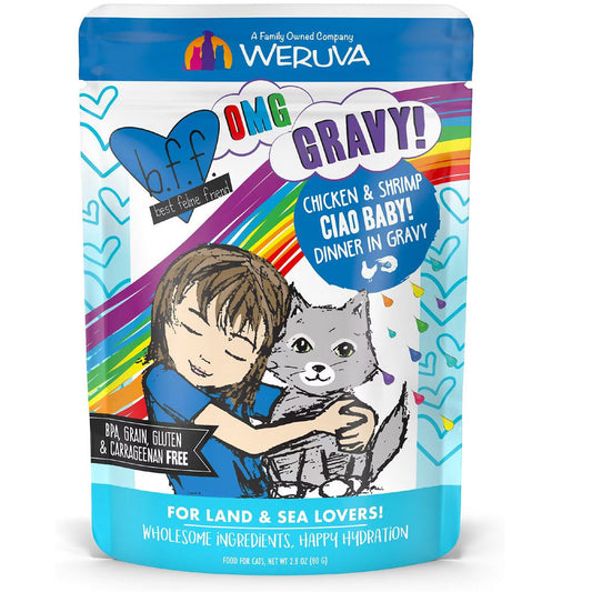 Cat food pouch with colorful design featuring a child and cat, brand 'Weruva' visible