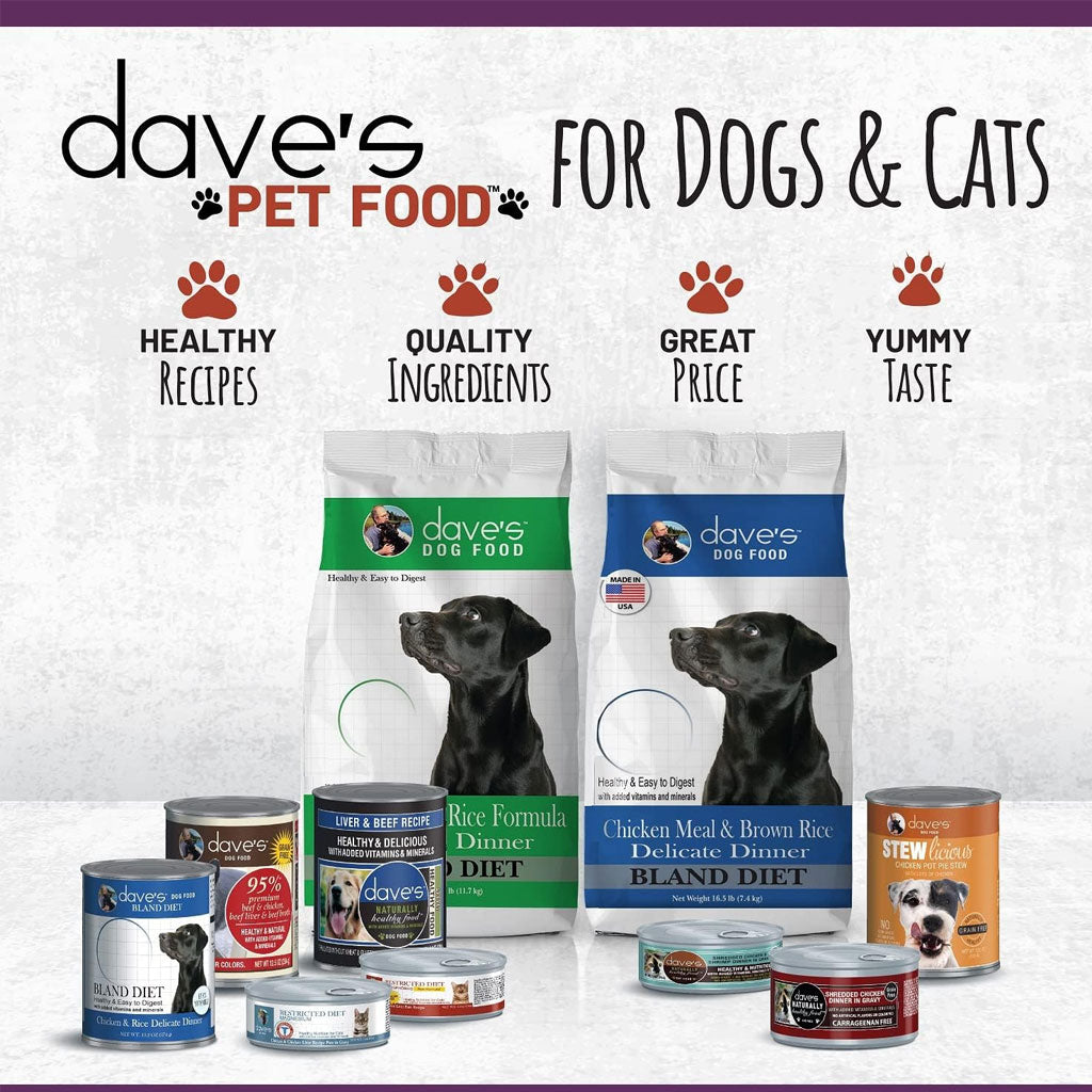 Dave's Pet Food products for dogs and cats with text highlighting features on a white background.