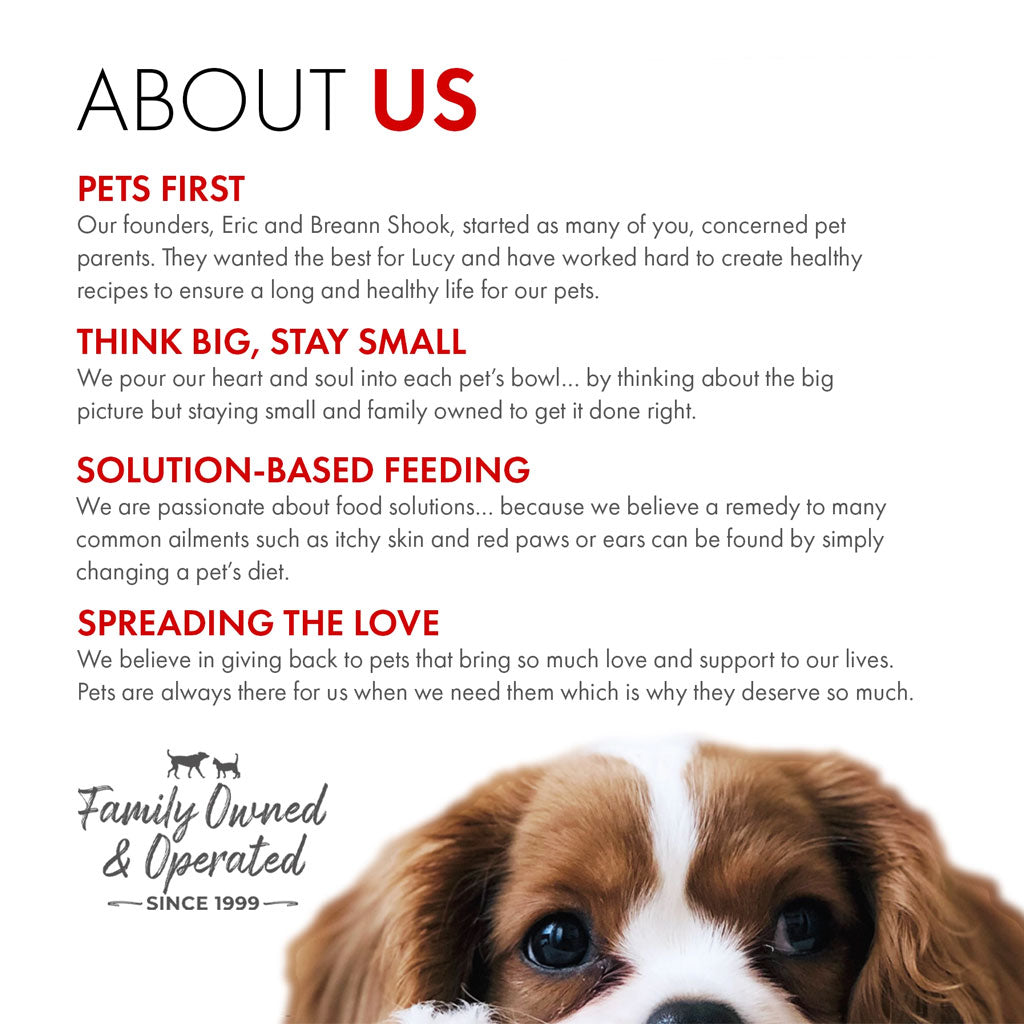 Text about a pet food company with a dog's face at the bottom