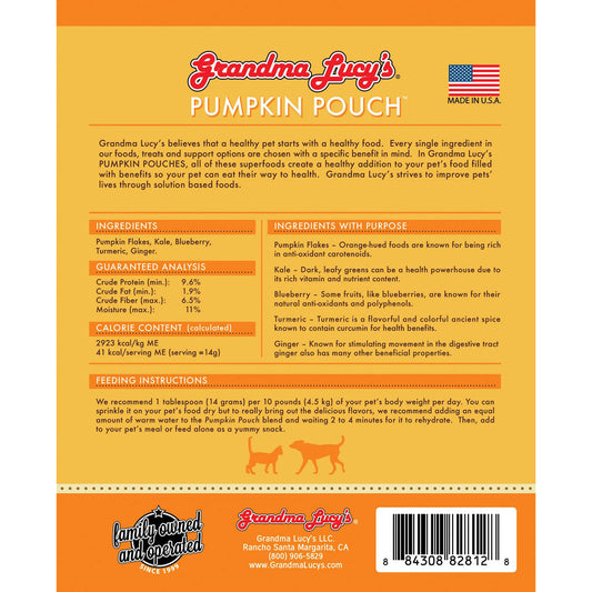 Back of a product packaging for 'Grandma Lucy's Pumpkin Pouch' with text and graphics.