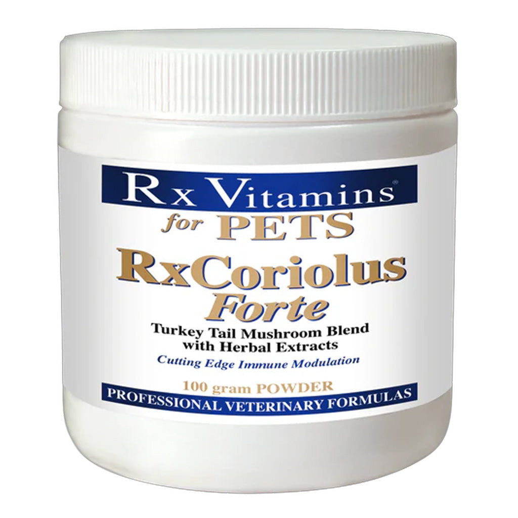 Jar of Rx Vitamins for Pets RxCoriolus Forte powder on a white background