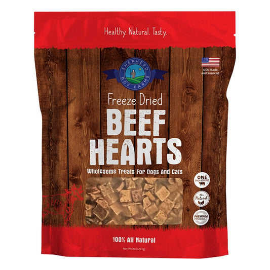 Package of freeze-dried beef hearts for pets with a wooden design and red top.