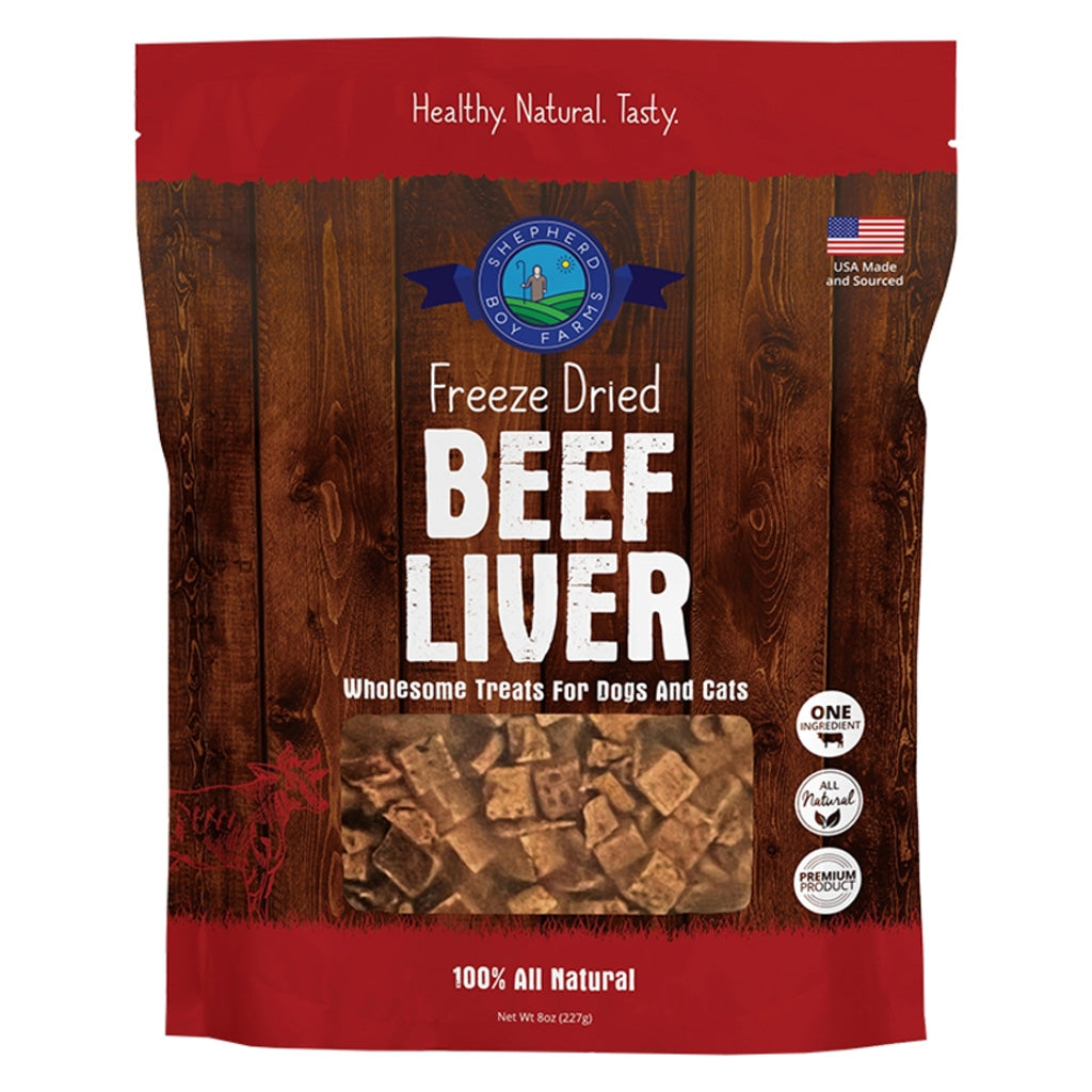 Package of freeze-dried beef liver treats for dogs and cats with a wooden design and red border.
