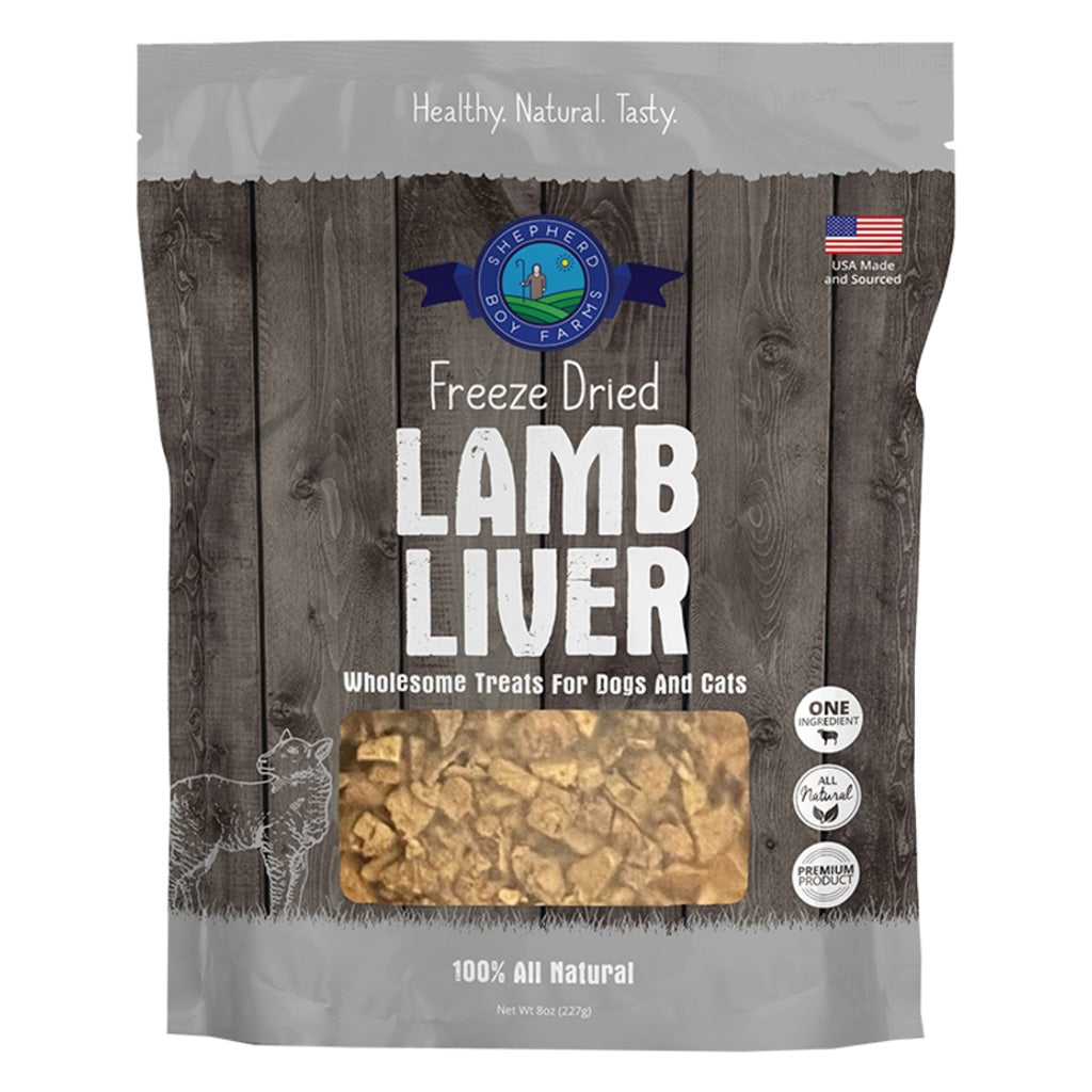 Package of freeze-dried lamb liver treats for dogs and cats with Shepherd & Son Farms branding.