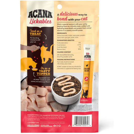 Acana Lickables cat treat packaging with text and images of treats.