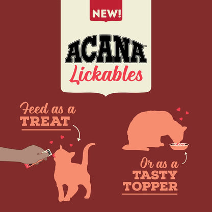 Advertisement for Acana Lickables cat treats on a red background with illustrations of a cat and a hand.