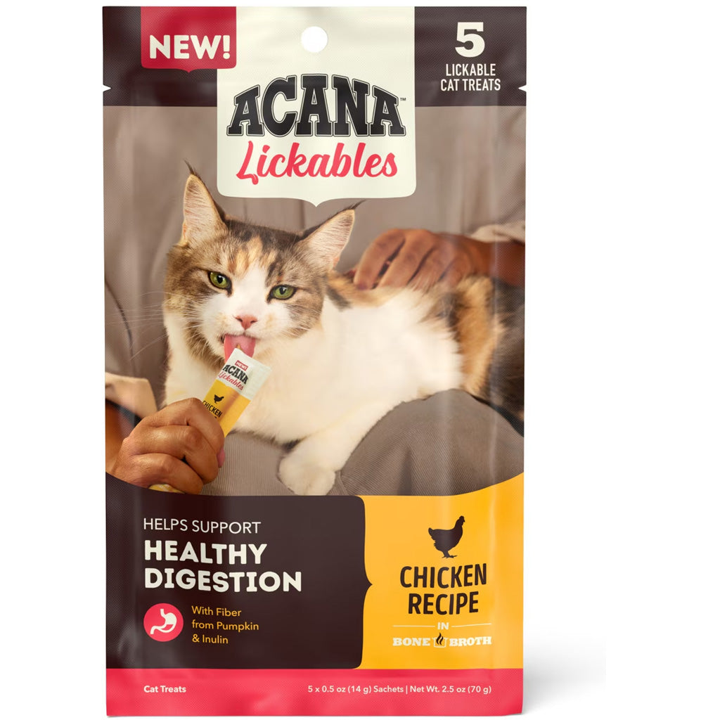 Acana Lickables cat treats package with a cat on the label