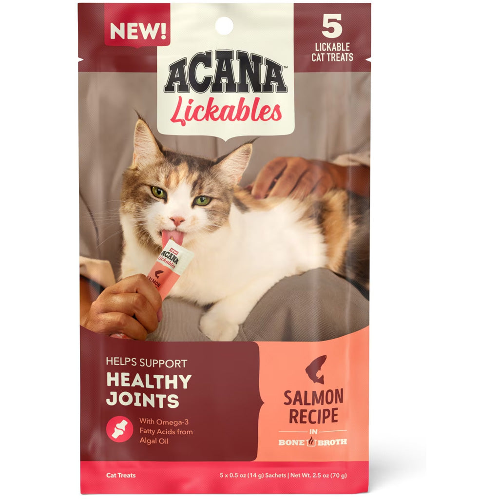 Acana Lickables cat treats packaging with a cat eating a treat.