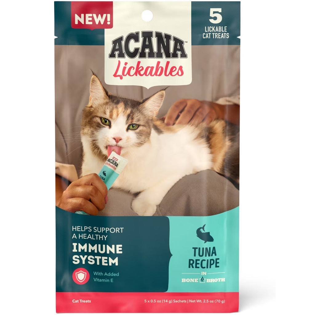 Acana Lickables Tuna Recipe cat treats packaging with a cat on the front