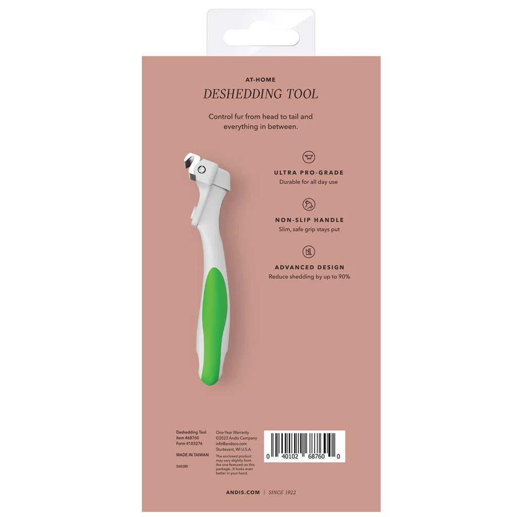 Deshedding tool packaging with pink background and product illustration