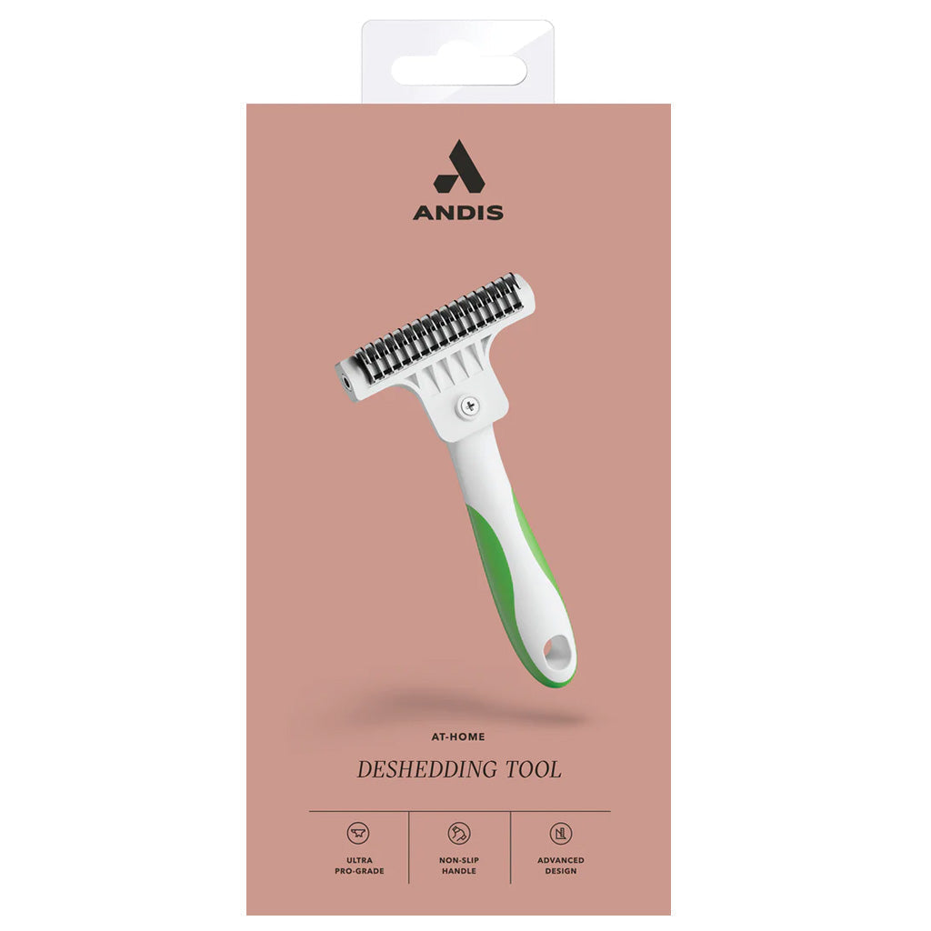 Andis deshedding tool packaging on a white background