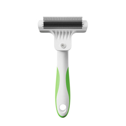 Pet grooming brush with green handle on a white background