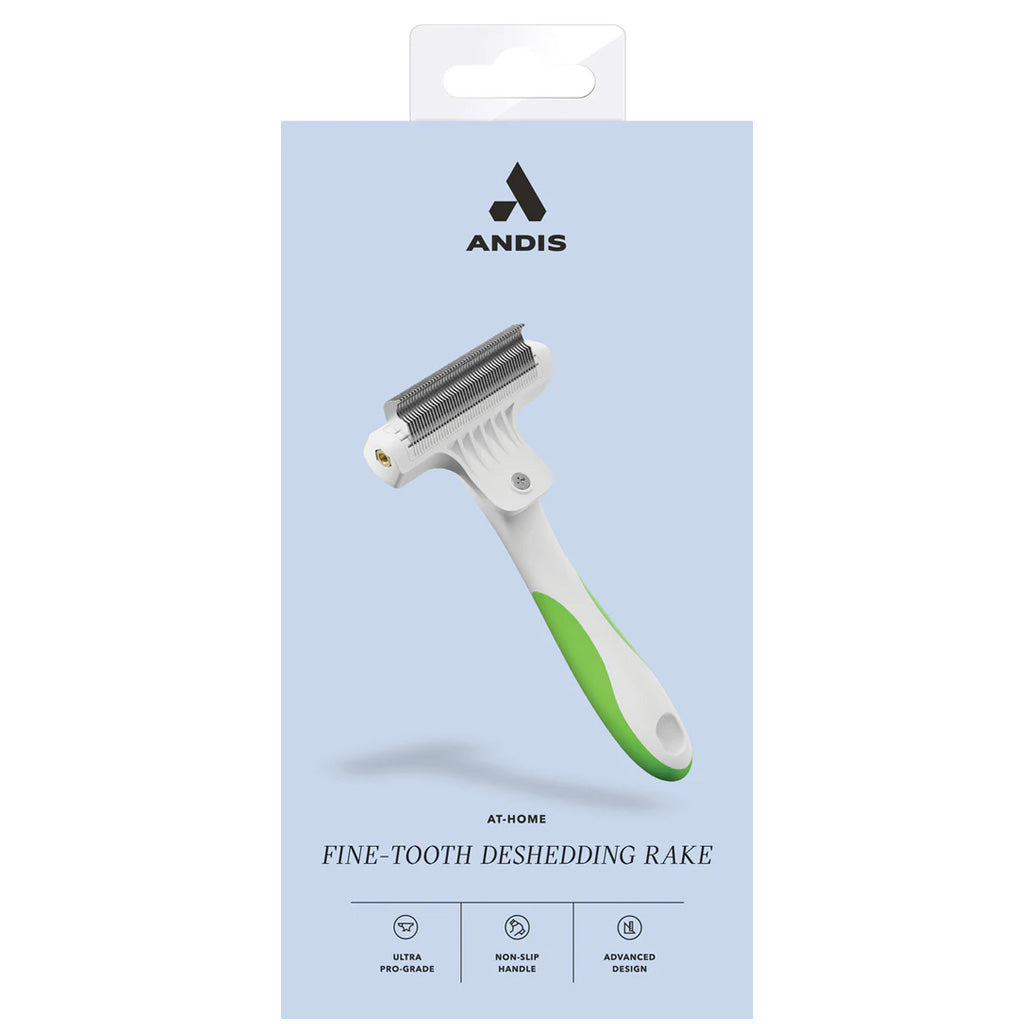 Andis fine-tooth deshedding rake on a light blue packaging background