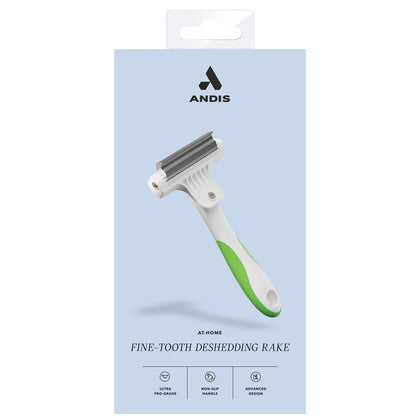 Andis fine-tooth deshedding rake on a light blue packaging background