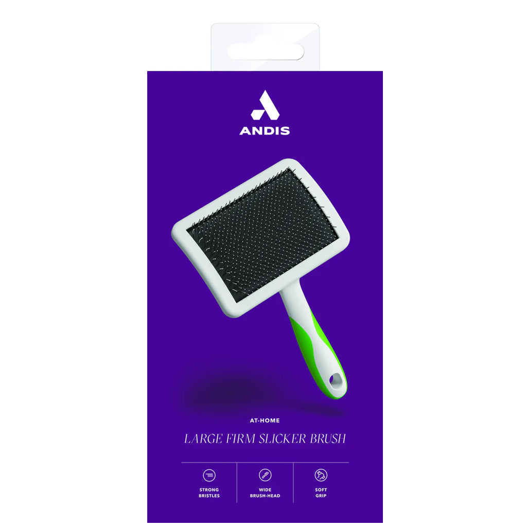 Andis large firm slicker brush packaging on a purple background