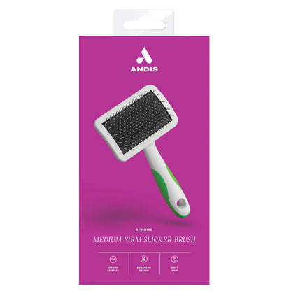 Andis medium firm slicker brush packaging on a purple background
