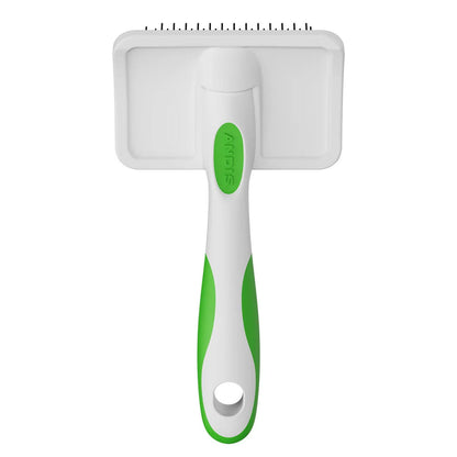 Pet grooming brush with green handle on a white background