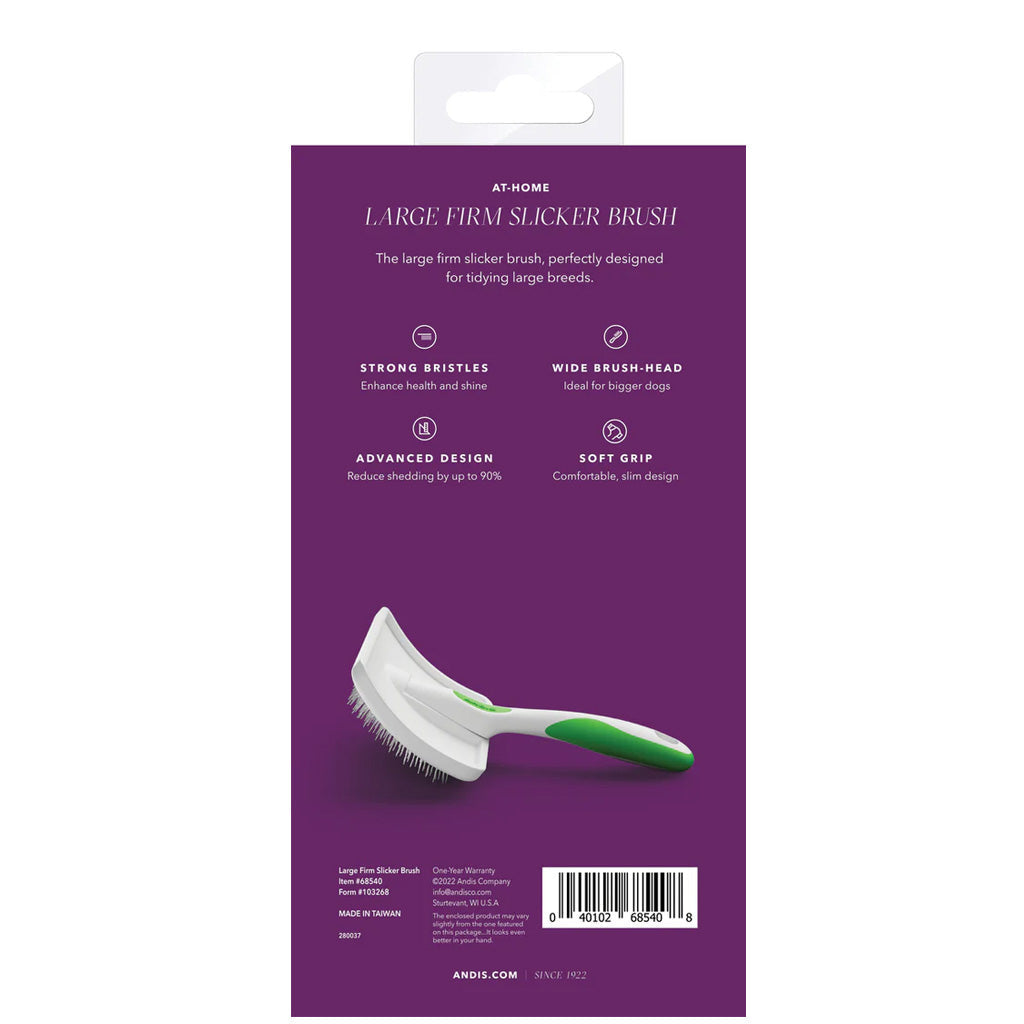 Packaging of a large firm slicker brush with purple background and product image.