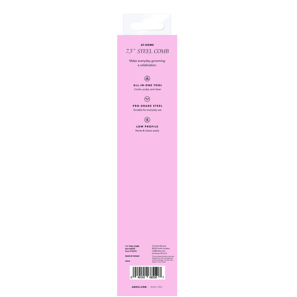 Pink packaging of a steel comb with text on a white background