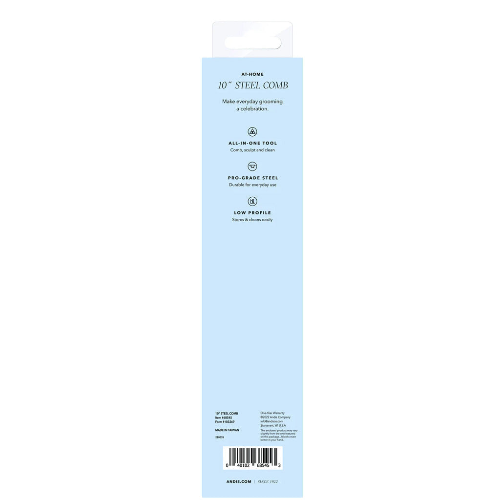 Package of a 10-inch steel comb on a light blue background