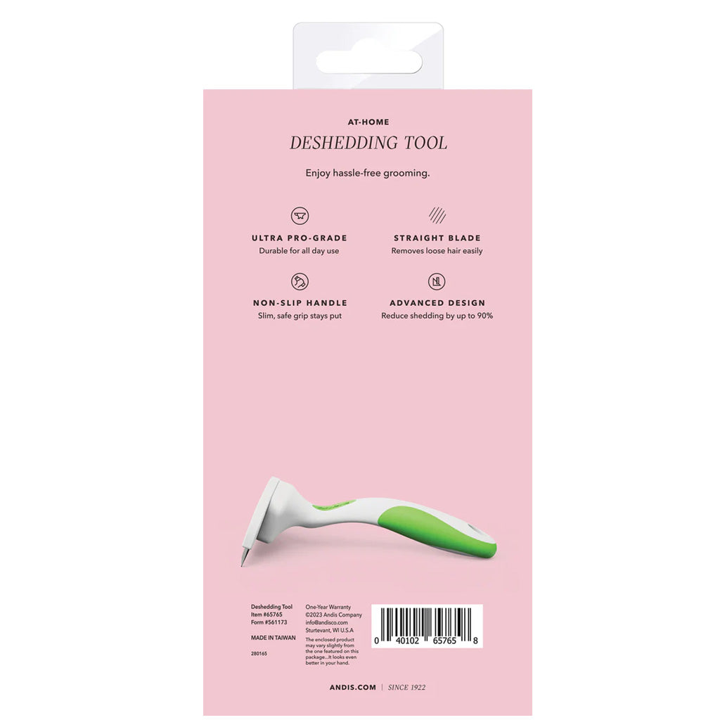 Deshedding tool packaging with pink background and green tool