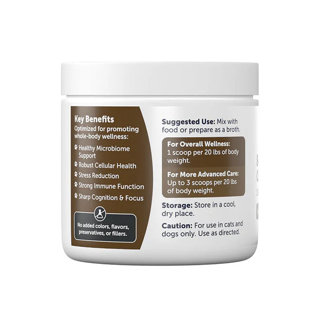 Supplement container with label detailing key benefits and usage instructions on a white background