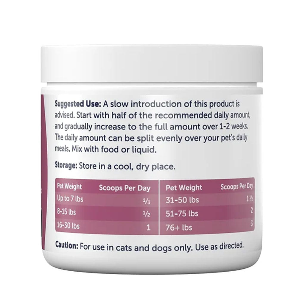 Container with pet supplement label on a white background