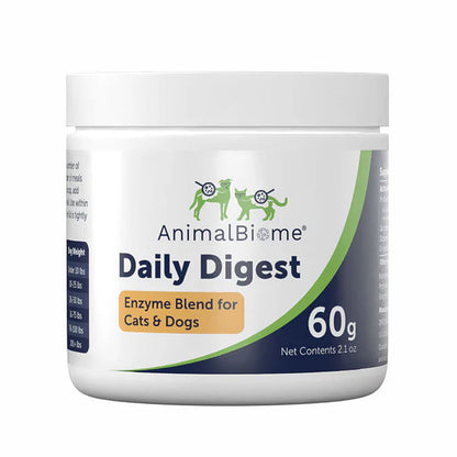Container of AnimalBiome Daily Digest enzyme blend for cats and dogs on a white background