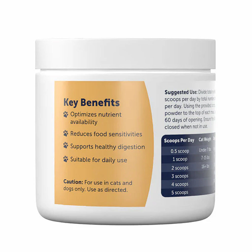 Container with key benefits and usage instructions on a white background