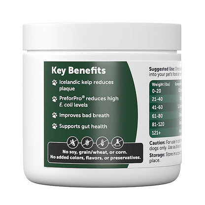 Pet supplement container with key benefits listed on a white background