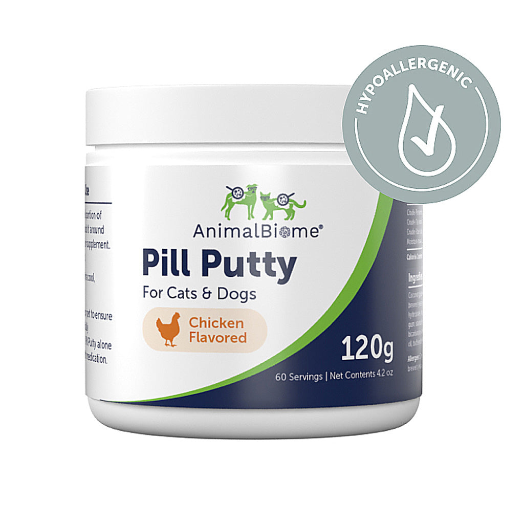 Container of AnimalBiome Pill Putty for cats and dogs with a chicken flavor label on a white background.