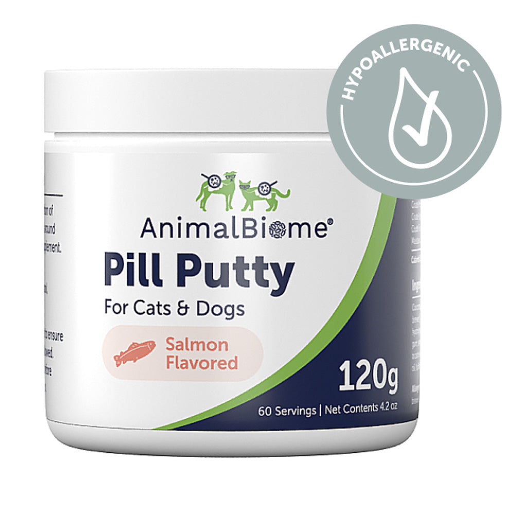 Jar of AnimalBiome Pill Putty for cats and dogs with a salmon flavor label on a white background.