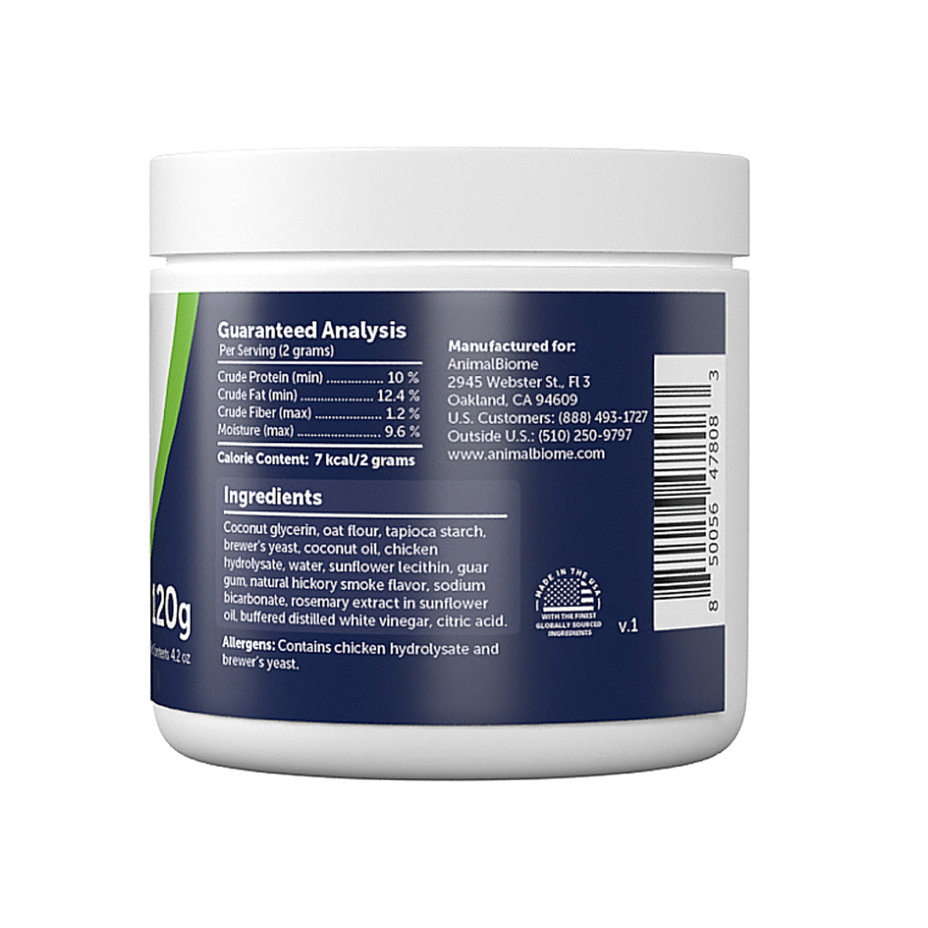 Back label of a protein powder container with text and a barcode on a white background