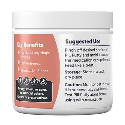 Jar of Pill Putty with key benefits and suggested use instructions on a white background