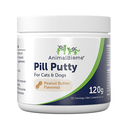 Jar of AnimalBiome Pill Putty for pets on a white background