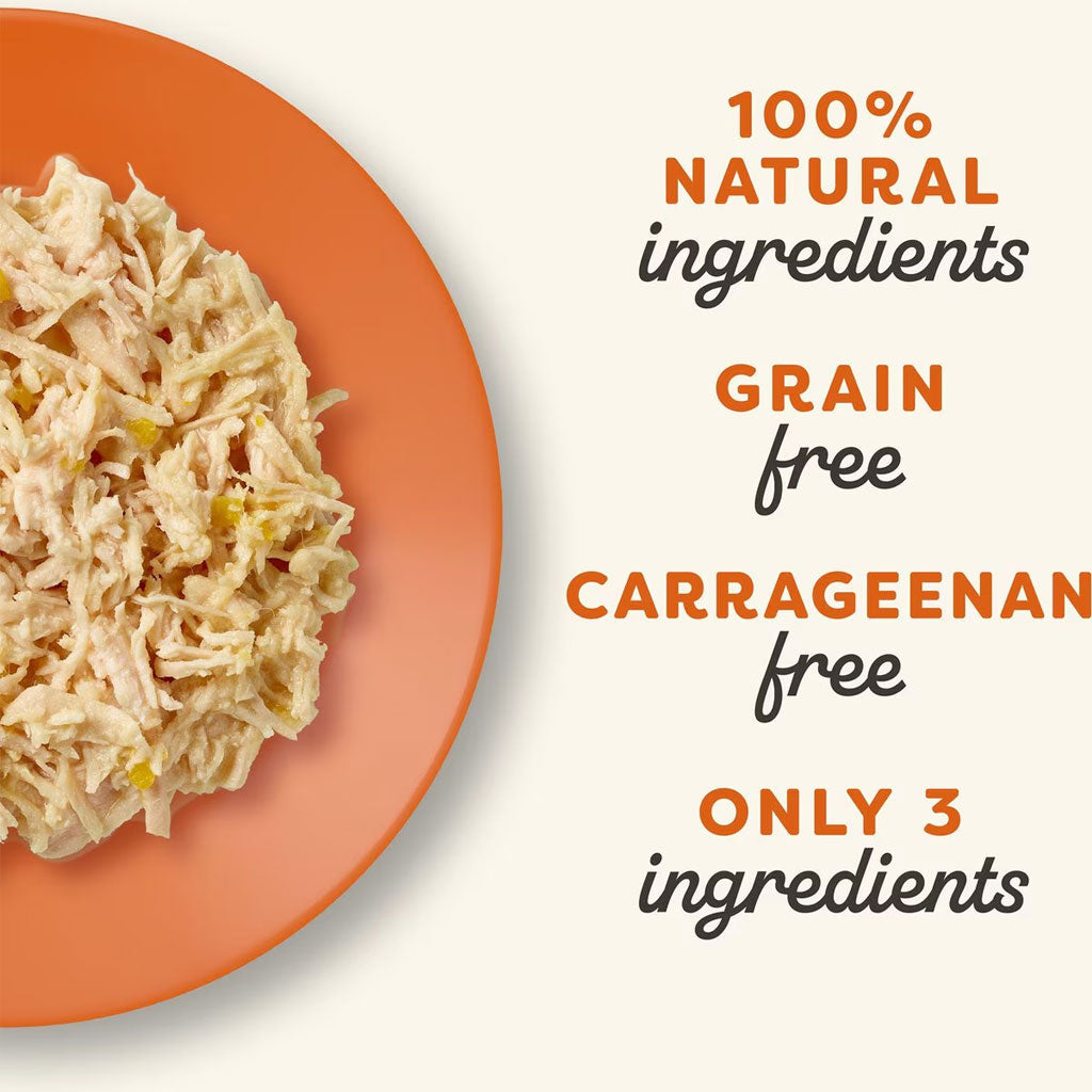 Plate of food with text highlighting '100% natural ingredients', 'grain free', 'carrageenan free', and 'only 3 ingredients' on a white background.