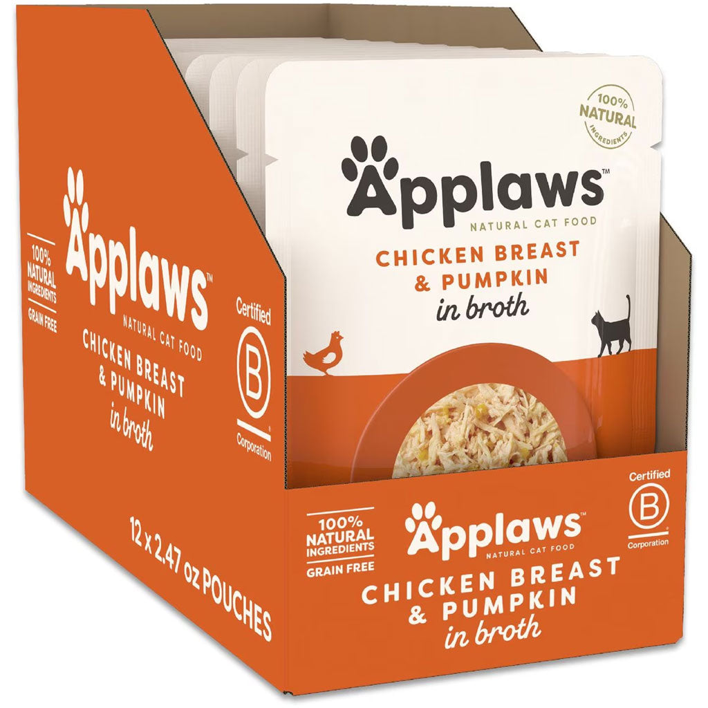 Box of Applaws Chicken Breast & Pumpkin in Broth cat food pouches