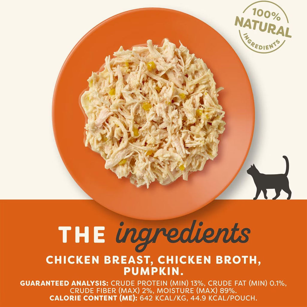 Cat food on an orange plate with '100% Natural Ingredients' label and cat icon.