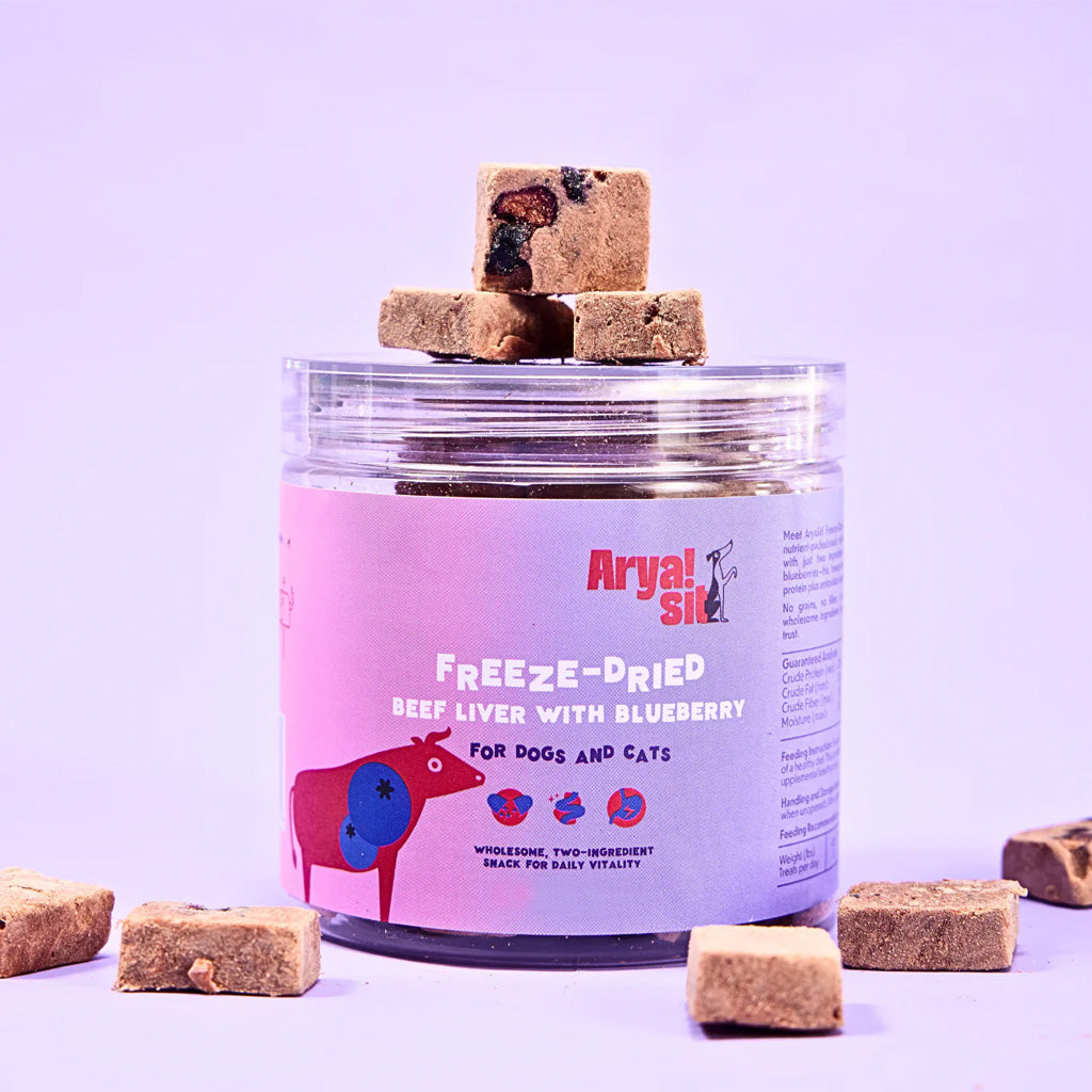 Aryal Sia freeze-dried beef liver with blueberry treats for dogs and cats on a purple background.