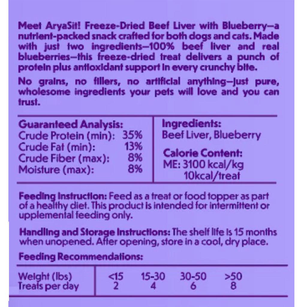 Product label for freeze-dried beef liver with blueberry treat for pets on a purple background