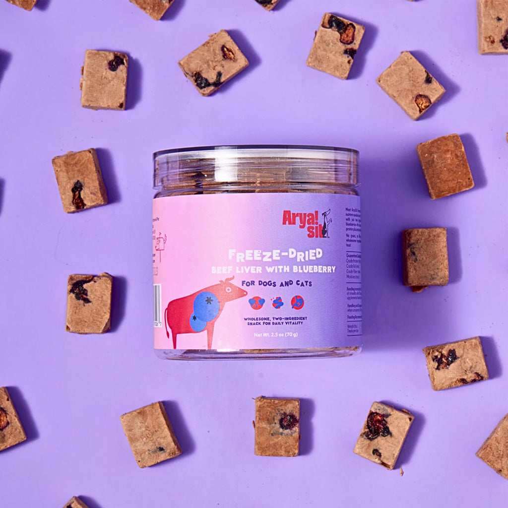 Jar of freeze-dried treat with packaging on a purple background