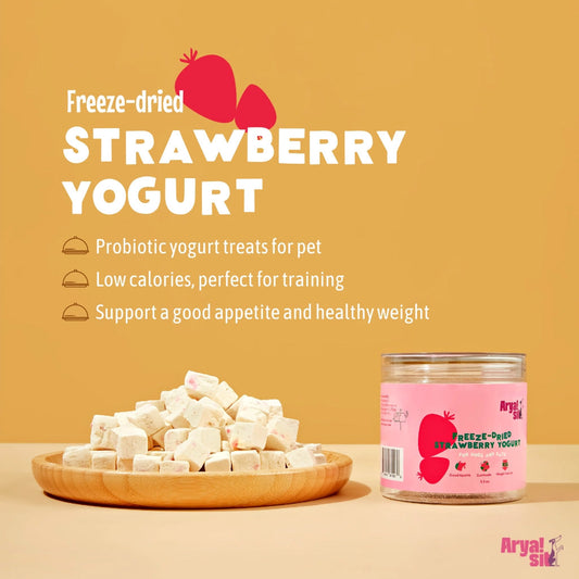 Freeze-dried strawberry yogurt treats for pets with a jar and scattered treats on a yellow background.