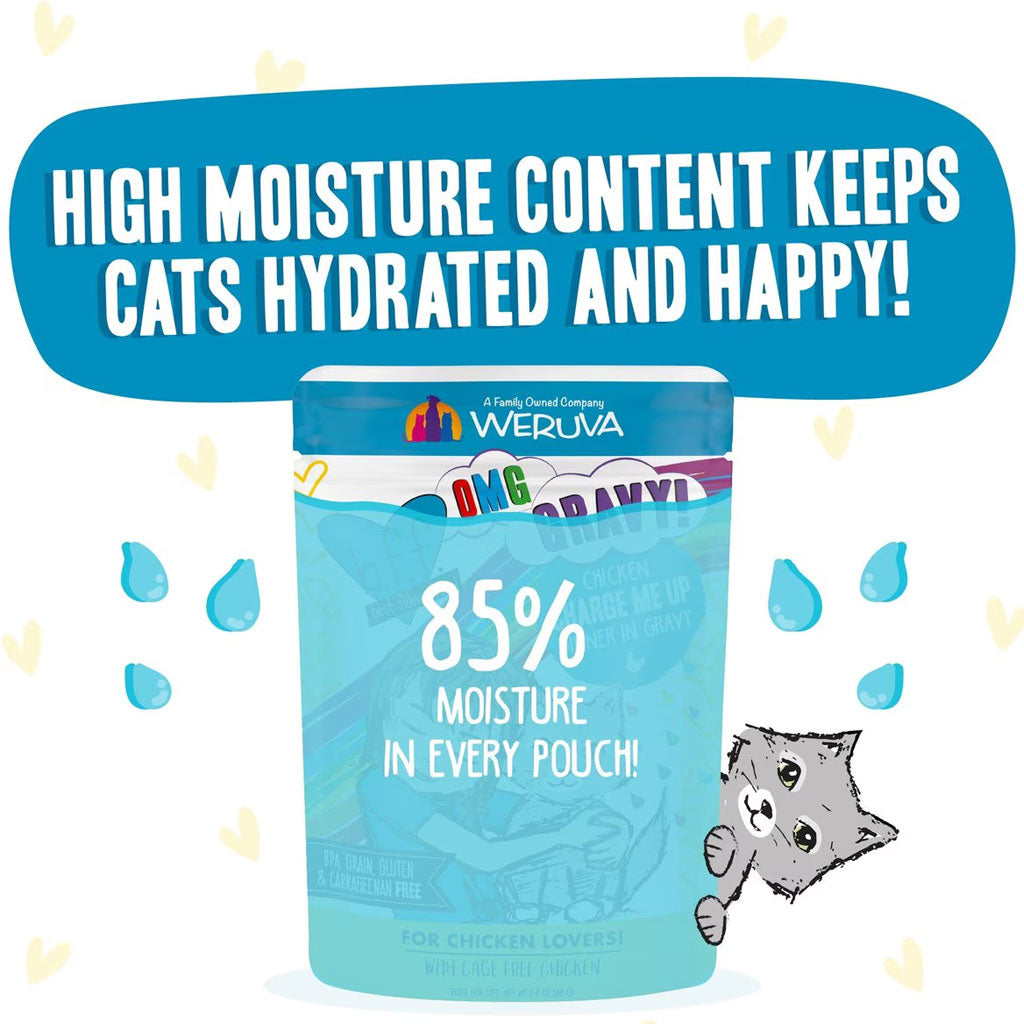 Weruva cat food pouch with text about high moisture content on a white background