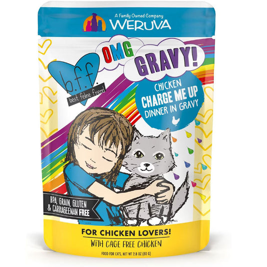 Pet food package with colorful design featuring a boy and cat, and brand 'Weruva' visible.