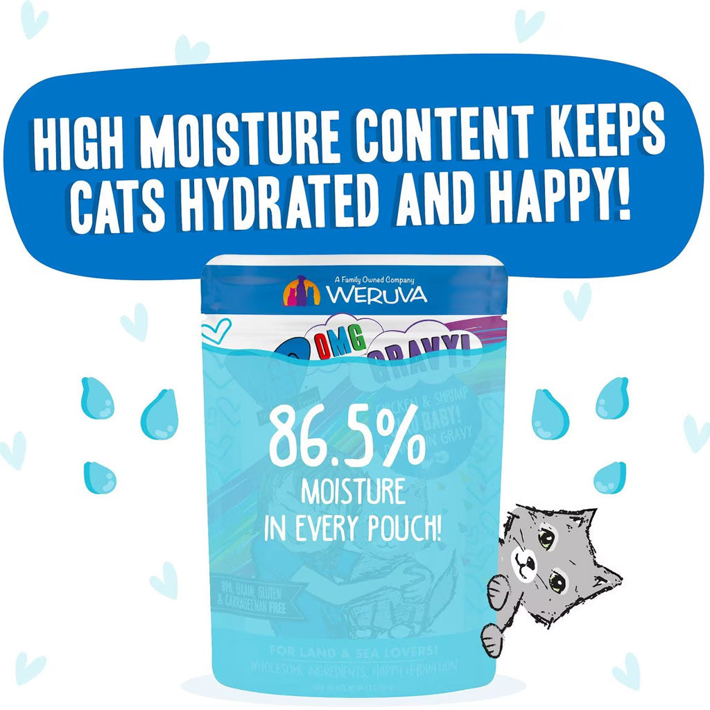 Weruva cat food pouch with text about high moisture content on a white background