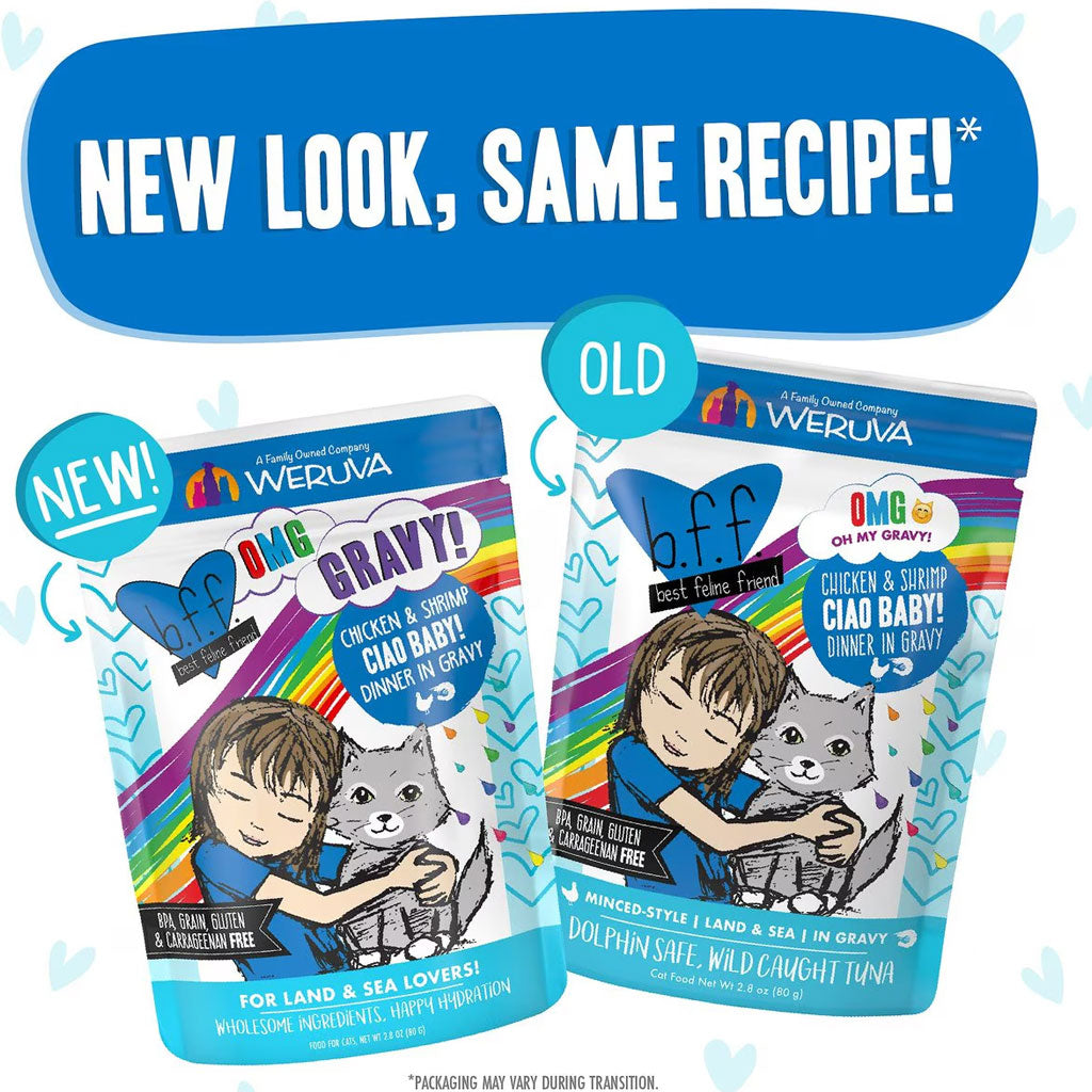 Two packages of Weruva cat food with text 'New Look, Same Recipe!' above them.
