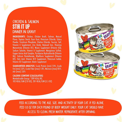 Cat food cans with colorful labels and an orange label with text.