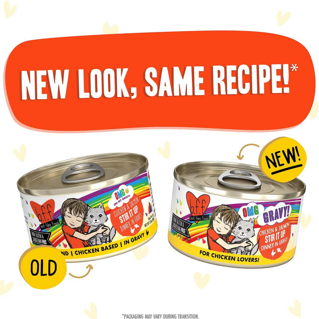 Two cans of cat food with new and old packaging designs on a white background.